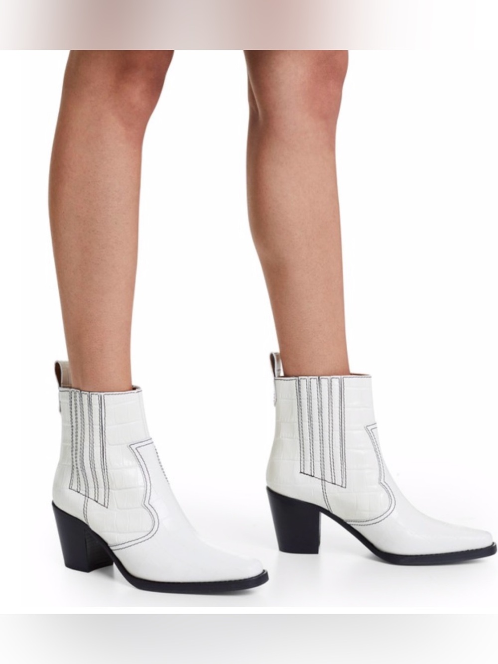 Ganni White Croc-Embossed Western Coastal Ankle Boots